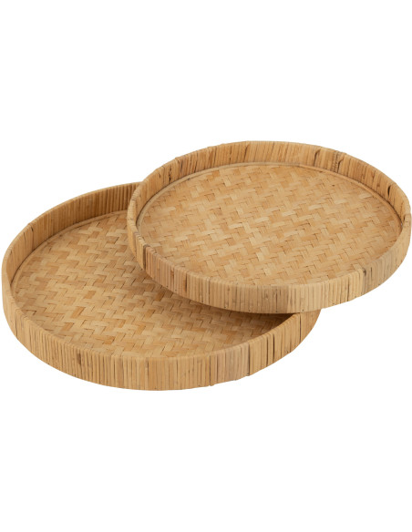 Lot de 2 Plateaux de service Rond Bambou Rotin Naturel Tressé Takori 