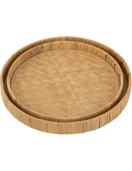 Lot de 2 Plateaux de service Rond Bambou Rotin Naturel Tressé Takori 
