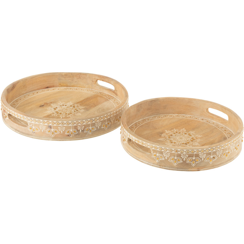 Lot de 2 Plateaux de service ethnique chic Rond Bois de manguier Naturel Perle Orange Sahéra 