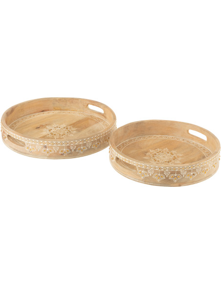 Lot de 2 Plateaux de service ethnique chic Rond Bois de manguier Naturel Perle Orange Sahéra 
