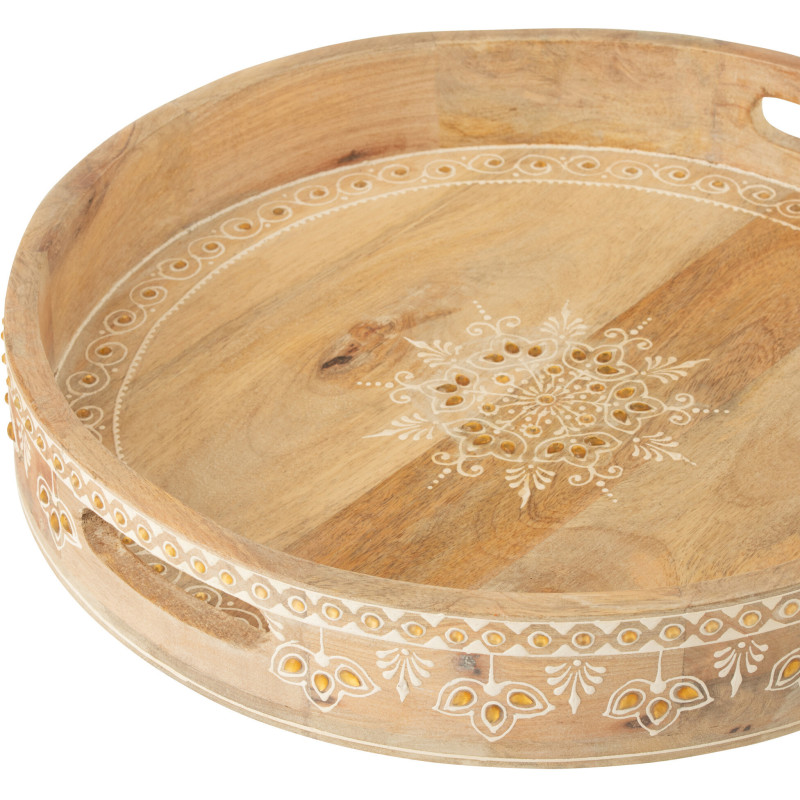Lot de 2 Plateaux de service ethnique chic Rond Bois de manguier Naturel Perle Orange Sahéra 