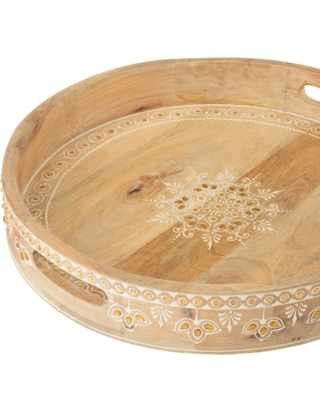 Lot de 2 Plateaux de service ethnique chic Rond Bois de manguier Naturel Perle Orange Sahéra 