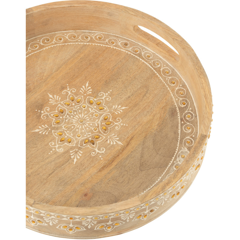 Lot de 2 Plateaux de service ethnique chic Rond Bois de manguier Naturel Perle Orange Sahéra 