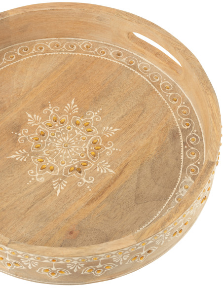 Lot de 2 Plateaux de service ethnique chic Rond Bois de manguier Naturel Perle Orange Sahéra 