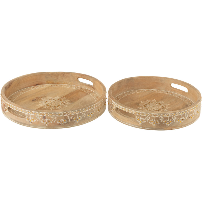 Lot de 2 Plateaux de service ethnique chic Rond Bois de manguier Naturel Perle Orange Sahéra 