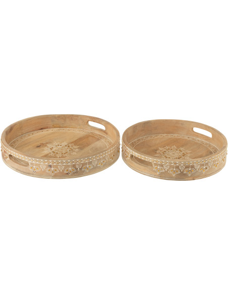 Lot de 2 Plateaux de service ethnique chic Rond Bois de manguier Naturel Perle Orange Sahéra 