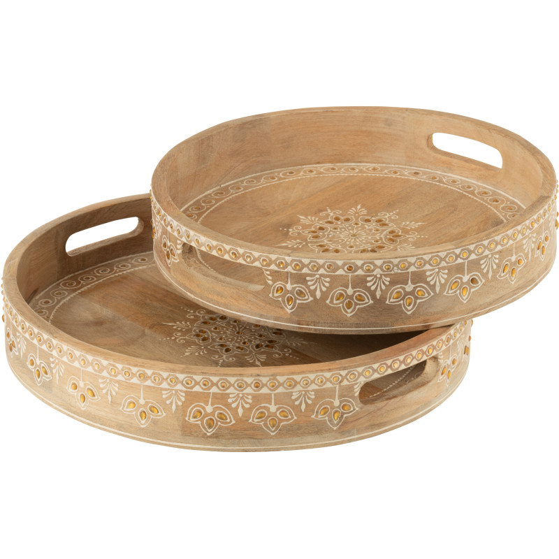 Lot de 2 Plateaux de service ethnique chic Rond Bois de manguier Naturel Perle Orange Sahéra 