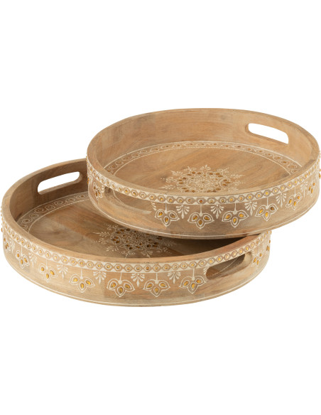 Lot de 2 Plateaux de service ethnique chic Rond Bois de manguier Naturel Perle Orange Sahéra 
