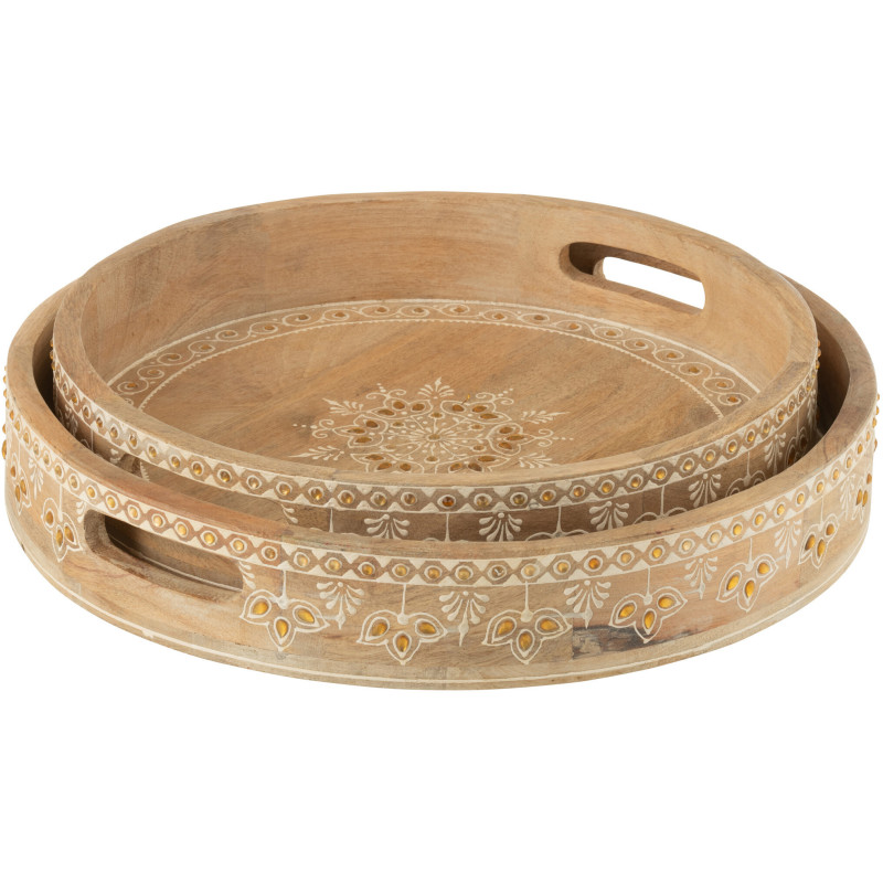 Lot de 2 Plateaux de service ethnique chic Rond Bois de manguier Naturel Perle Orange Sahéra 
