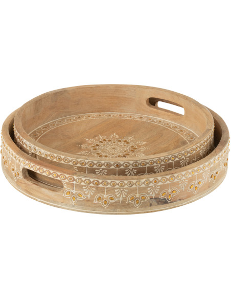 Lot de 2 Plateaux de service ethnique chic Rond Bois de manguier Naturel Perle Orange Sahéra 