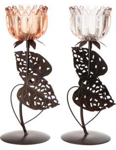 Lot de 2 Photophores sur pied Fleurs H 28 cm Verre Rose clair Orange Métal Noir Florydia 