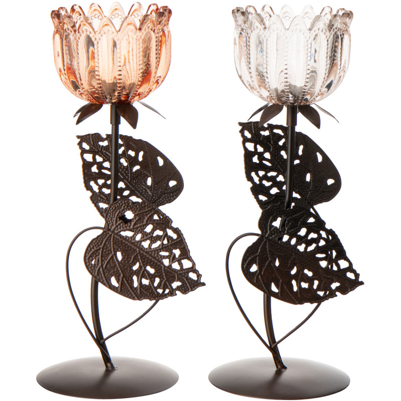 Lot de 2 Photophores sur pied Fleurs H 28 cm Verre Rose clair Orange Métal Noir Florydia 