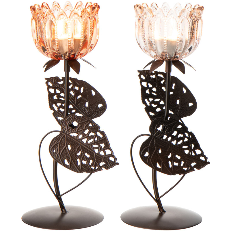 Lot de 2 Photophores sur pied Fleurs H 28 cm Verre Rose clair Orange Métal Noir Florydia 