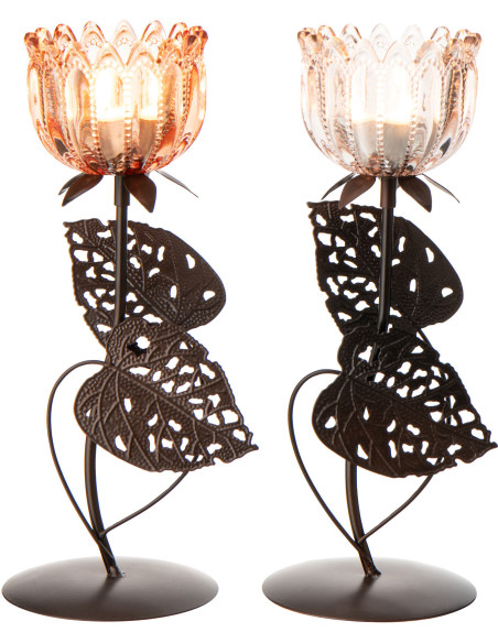 Lot de 2 Photophores sur pied Fleurs H 28 cm Verre Rose clair Orange Métal Noir Florydia 