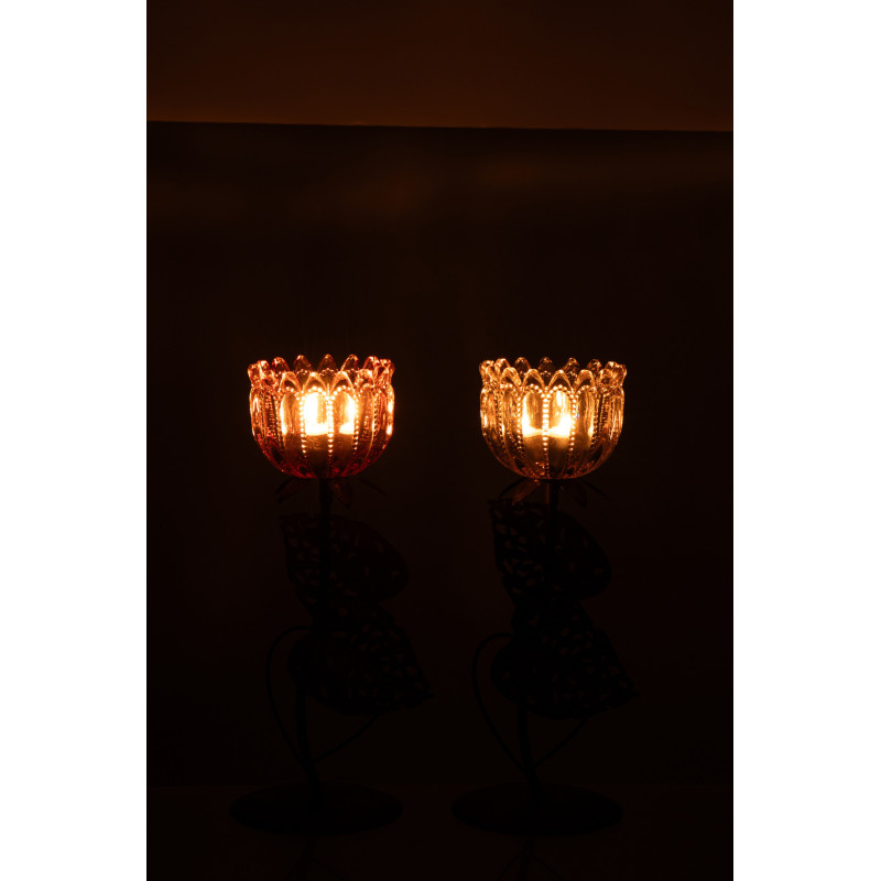 Lot de 2 Photophores sur pied Fleurs H 28 cm Verre Rose clair Orange Métal Noir Florydia 