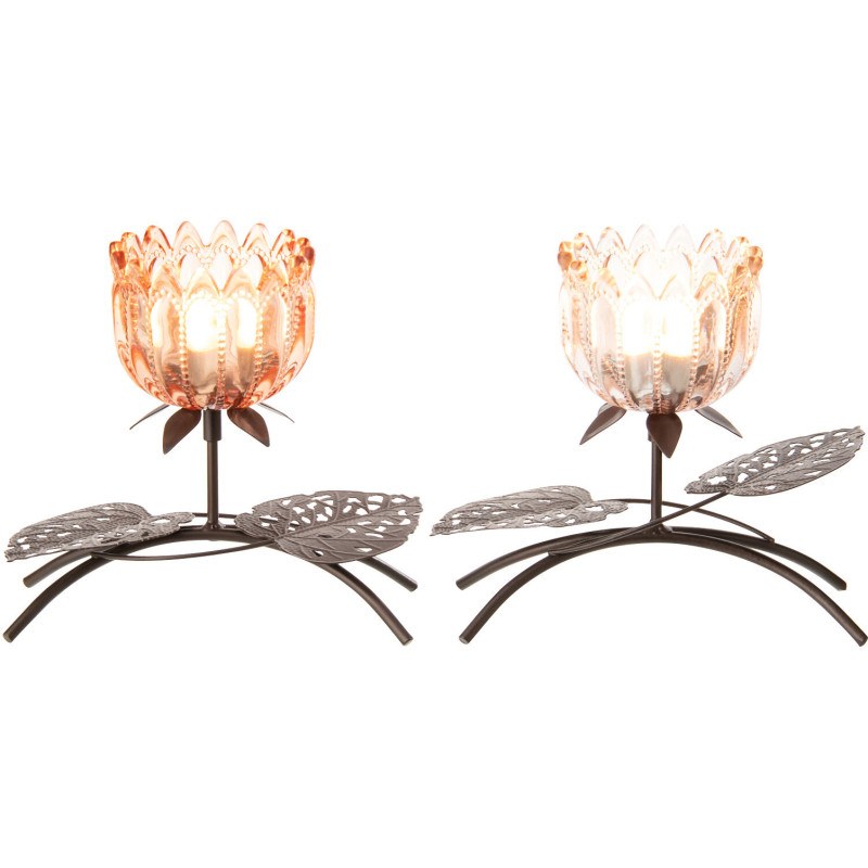 Lot de 2 Photophores sur pied Fleurs H 18 cm Verre Rose clair Orange Métal Noir Florydia 