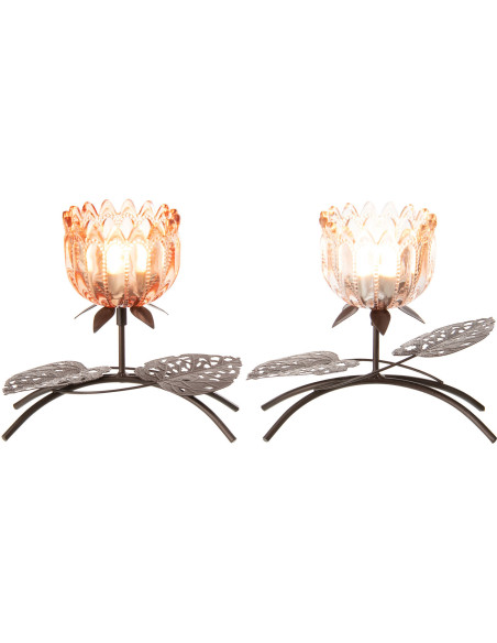 Lot de 2 Photophores sur pied Fleurs H 18 cm Verre Rose clair Orange Métal Noir Florydia 