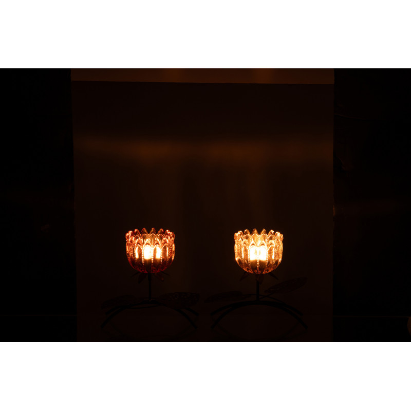 Lot de 2 Photophores sur pied Fleurs H 18 cm Verre Rose clair Orange Métal Noir Florydia 