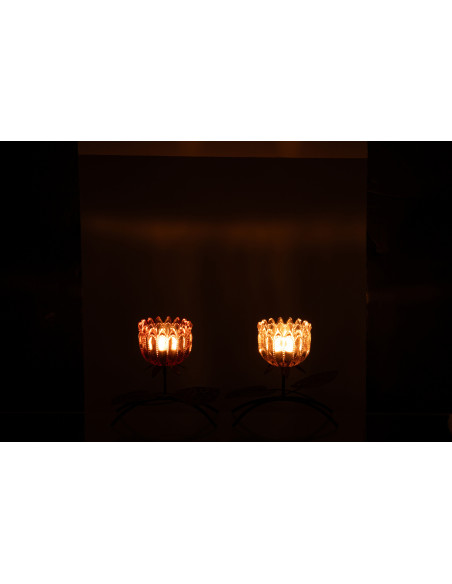 Lot de 2 Photophores sur pied Fleurs H 18 cm Verre Rose clair Orange Métal Noir Florydia 