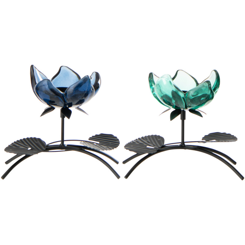 Lot de 2 Photophores sur pied Fleurs H 15 cm Verre Bleu Vert Métal Noir Florynia 