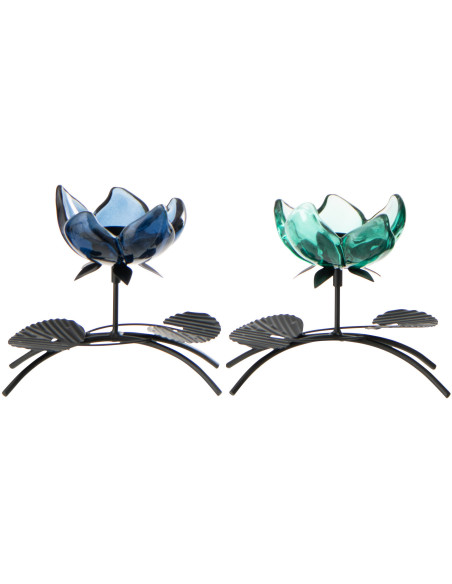 Lot de 2 Photophores sur pied Fleurs H 15 cm Verre Bleu Vert Métal Noir Florynia 