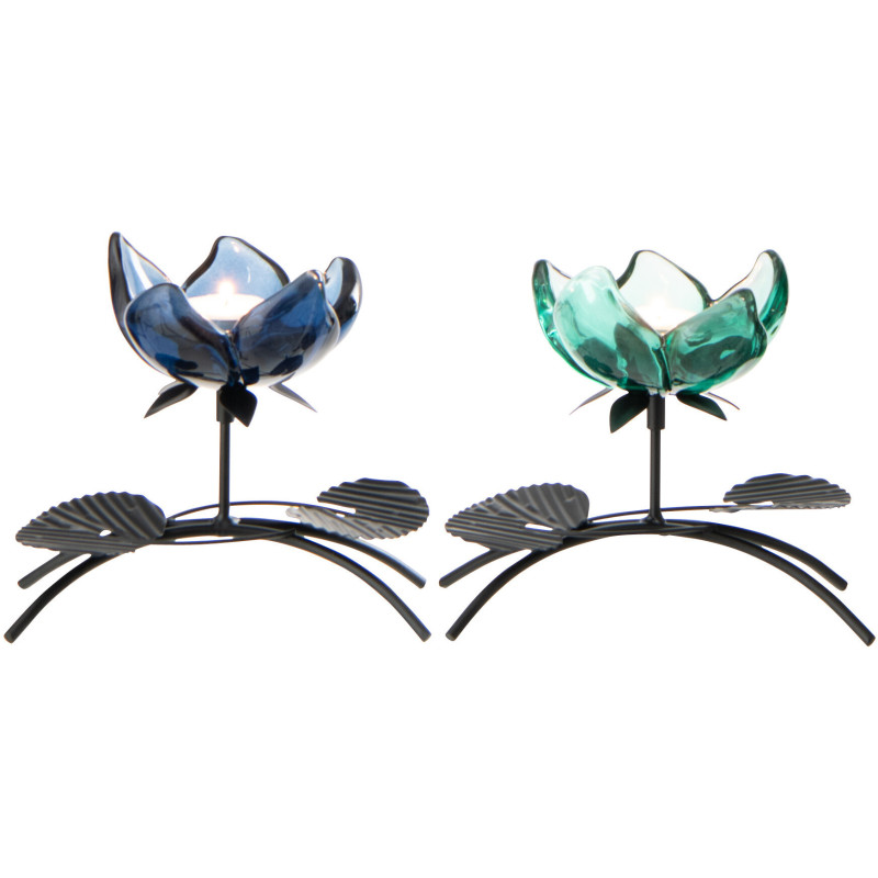 Lot de 2 Photophores sur pied Fleurs H 15 cm Verre Bleu Vert Métal Noir Florynia 
