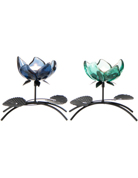 Lot de 2 Photophores sur pied Fleurs H 15 cm Verre Bleu Vert Métal Noir Florynia 