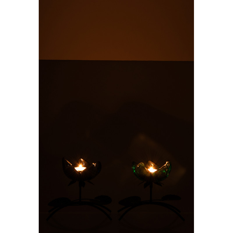 Lot de 2 Photophores sur pied Fleurs H 15 cm Verre Bleu Vert Métal Noir Florynia 