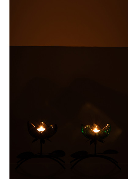 Lot de 2 Photophores sur pied Fleurs H 15 cm Verre Bleu Vert Métal Noir Florynia 