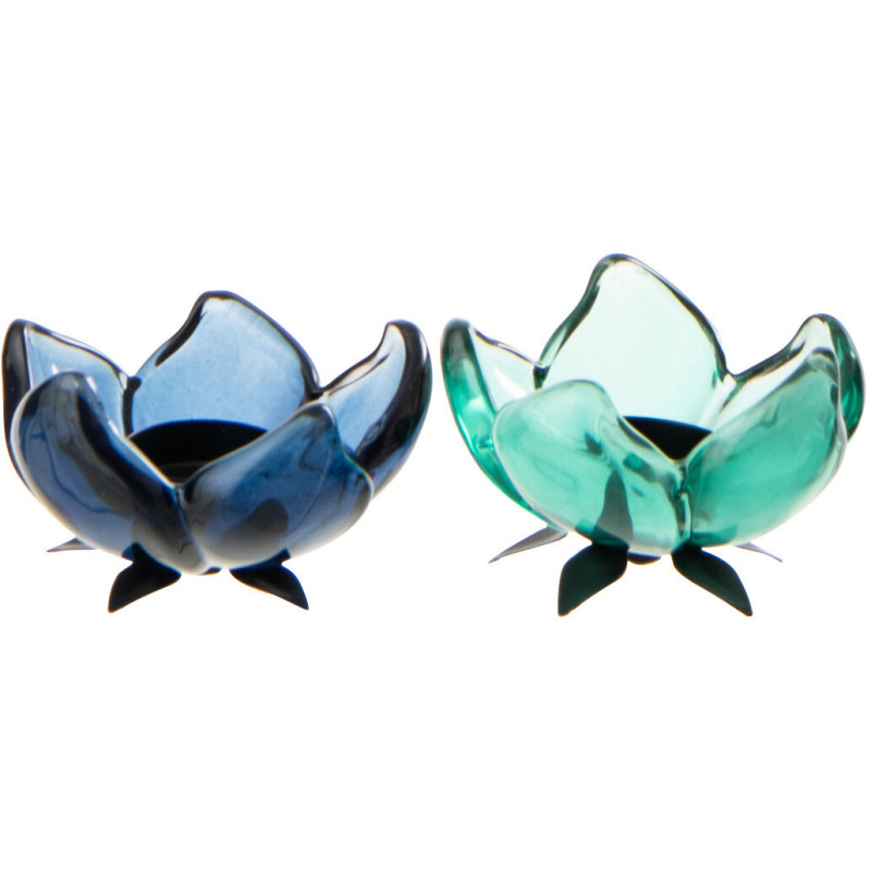 Lot de 2 Photophores sur pied Fleurs 10 cm Verre Bleu Vert Métal Noir Florynia 