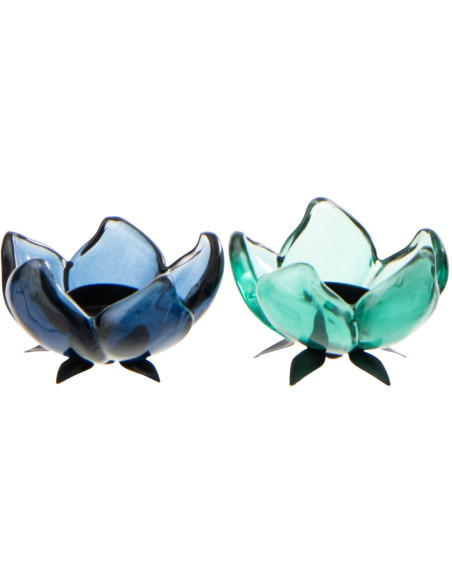 Lot de 2 Photophores sur pied Fleurs 10 cm Verre Bleu Vert Métal Noir Florynia 