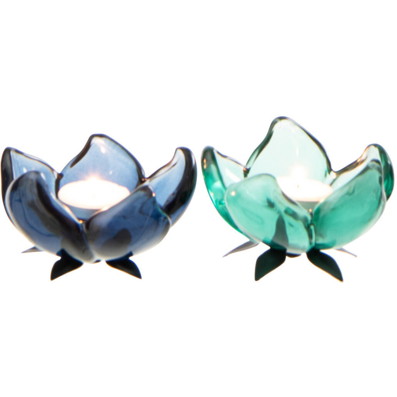 Lot de 2 Photophores sur pied Fleurs 10 cm Verre Bleu Vert Métal Noir Florynia 