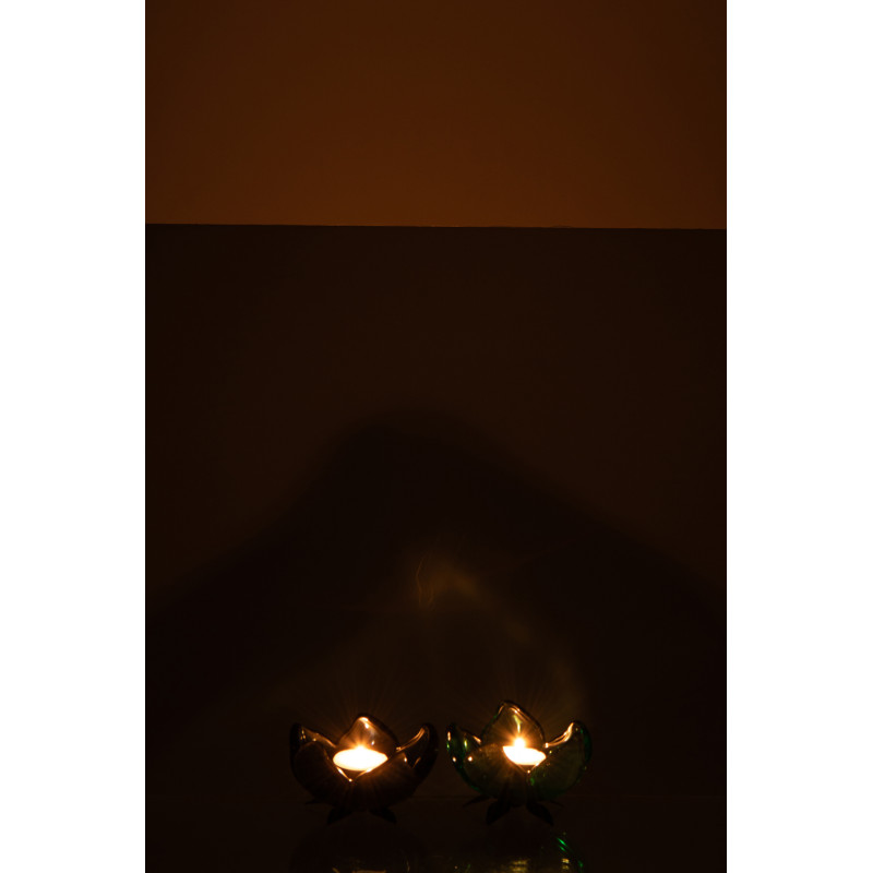 Lot de 2 Photophores sur pied Fleurs 10 cm Verre Bleu Vert Métal Noir Florynia 