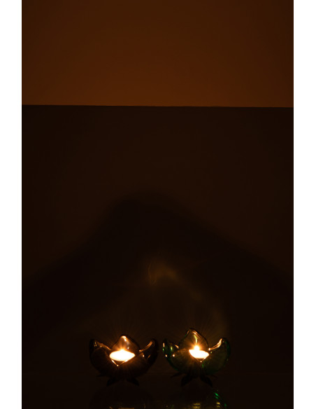 Lot de 2 Photophores sur pied Fleurs 10 cm Verre Bleu Vert Métal Noir Florynia 