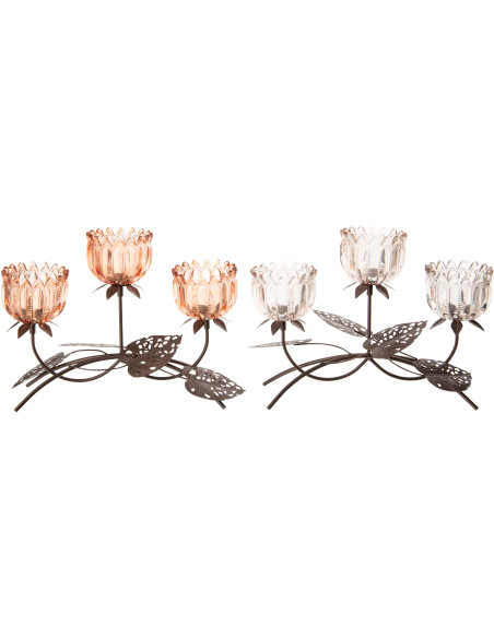 Lot de 2 Photophores sur pied 3 Bougies Fleurs 37 cm Verre Rose clair Orange Métal Noir Florydia 
