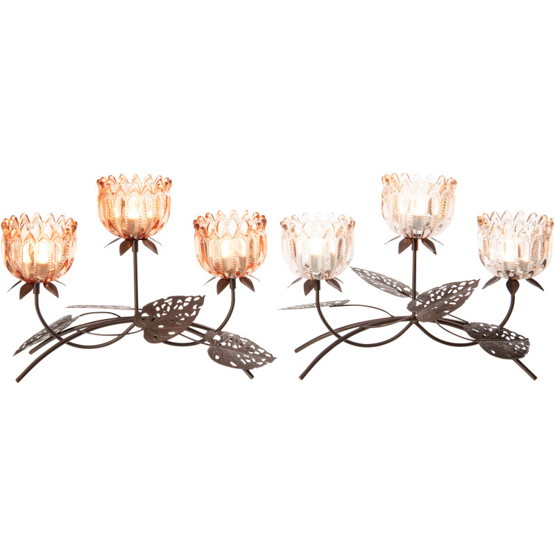 Lot de 2 Photophores sur pied 3 Bougies Fleurs 37 cm Verre Rose clair Orange Métal Noir Florydia 