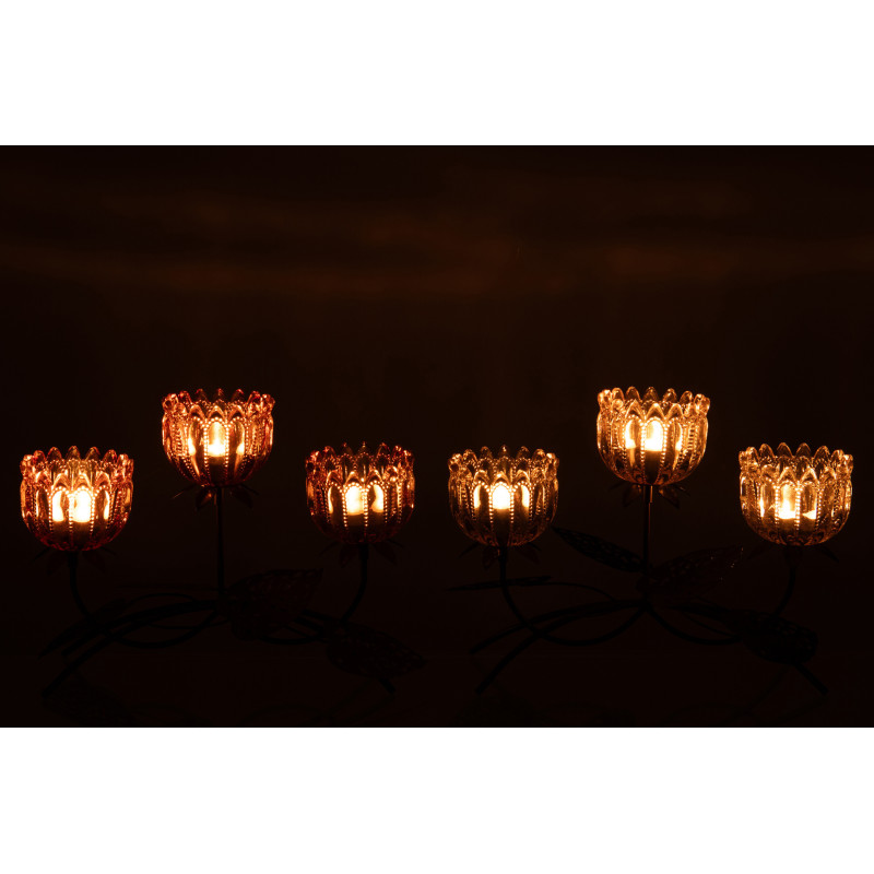 Lot de 2 Photophores sur pied 3 Bougies Fleurs 37 cm Verre Rose clair Orange Métal Noir Florydia 