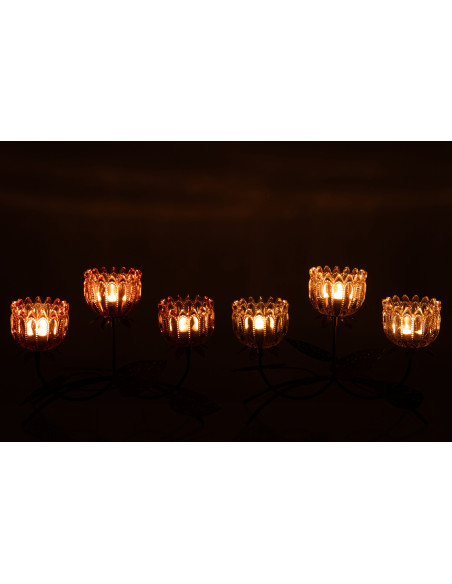 Lot de 2 Photophores sur pied 3 Bougies Fleurs 37 cm Verre Rose clair Orange Métal Noir Florydia 