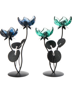 Lot de 2 Photophores sur pied 2 Bougies Fleurs H 33 cm Verre Bleu Vert Métal Noir Florynia 