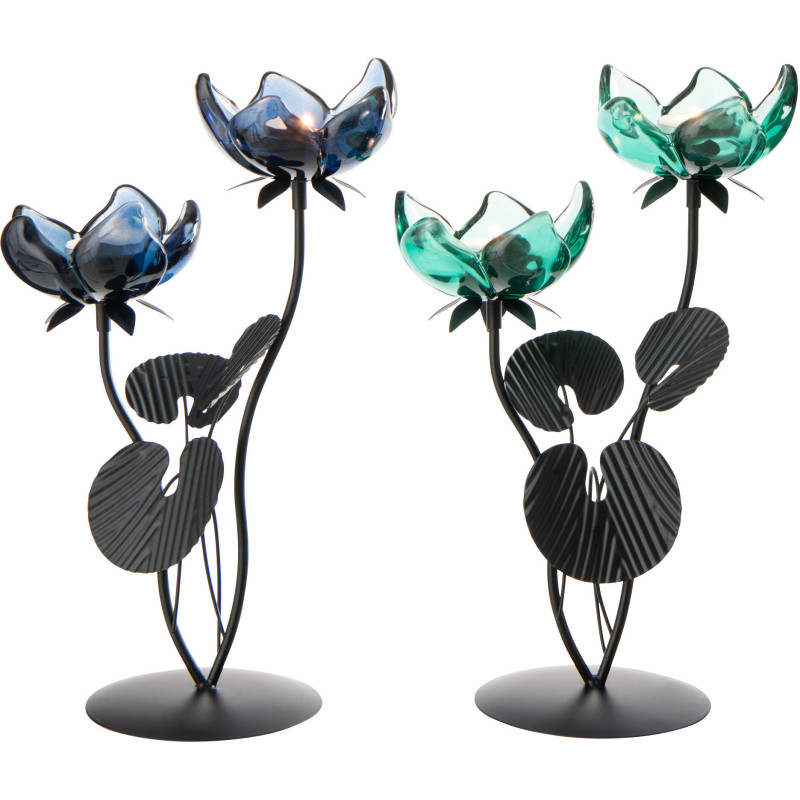 Lot de 2 Photophores sur pied 2 Bougies Fleurs H 33 cm Verre Bleu Vert Métal Noir Florynia 