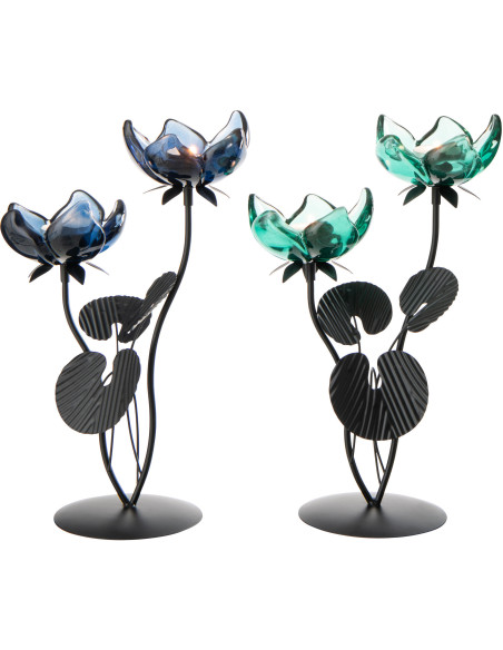 Lot de 2 Photophores sur pied 2 Bougies Fleurs H 33 cm Verre Bleu Vert Métal Noir Florynia 