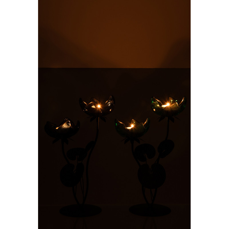 Lot de 2 Photophores sur pied 2 Bougies Fleurs H 33 cm Verre Bleu Vert Métal Noir Florynia 