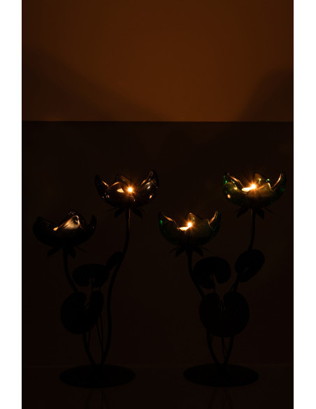 Lot de 2 Photophores sur pied 2 Bougies Fleurs H 33 cm Verre Bleu Vert Métal Noir Florynia 