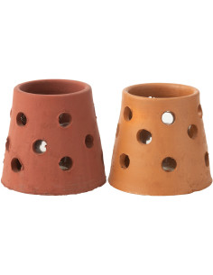 Lot de 2 Photophores style bord de mer Conique 9 cm Argile Marron Terracotta Verre Transparent Ibiza 