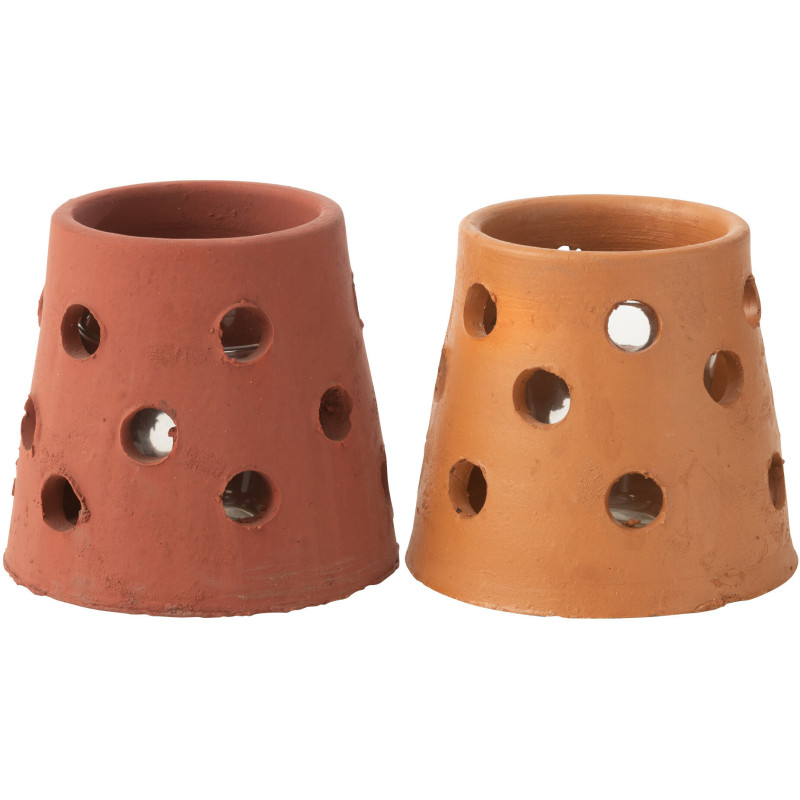 Lot de 2 Photophores style bord de mer Conique 9 cm Argile Marron Terracotta Verre Transparent Ibiza 