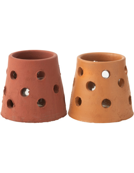 Lot de 2 Photophores style bord de mer Conique 9 cm Argile Marron Terracotta Verre Transparent Ibiza 