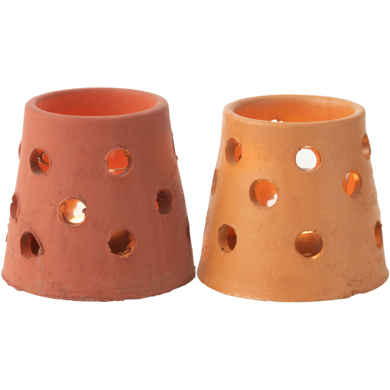 Lot de 2 Photophores style bord de mer Conique 9 cm Argile Marron Terracotta Verre Transparent Ibiza 