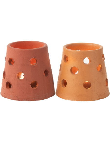 Lot de 2 Photophores style bord de mer Conique 9 cm Argile Marron Terracotta Verre Transparent Ibiza 
