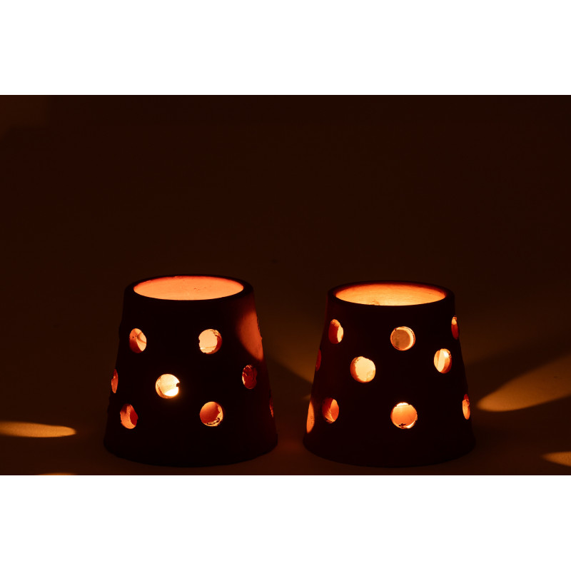 Lot de 2 Photophores style bord de mer Conique 9 cm Argile Marron Terracotta Verre Transparent Ibiza 