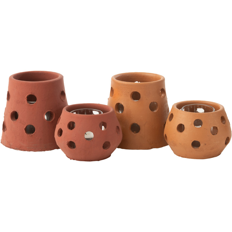 Lot de 2 Photophores style bord de mer Conique 9 cm Argile Marron Terracotta Verre Transparent Ibiza 